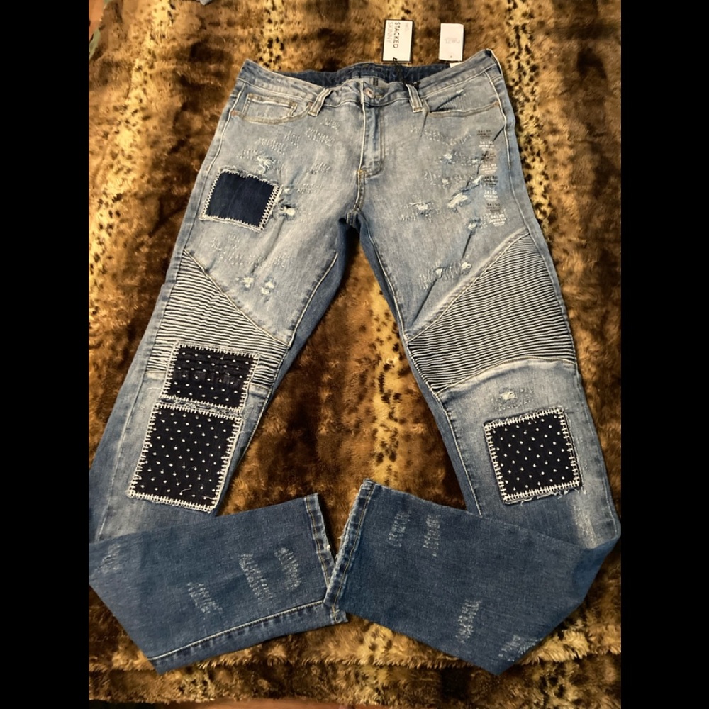 Stacked Skinny 34” x 34” Supreme Flex Blue Jeans Rue21 Distressed Patches Pants! - Picture 1 of 4